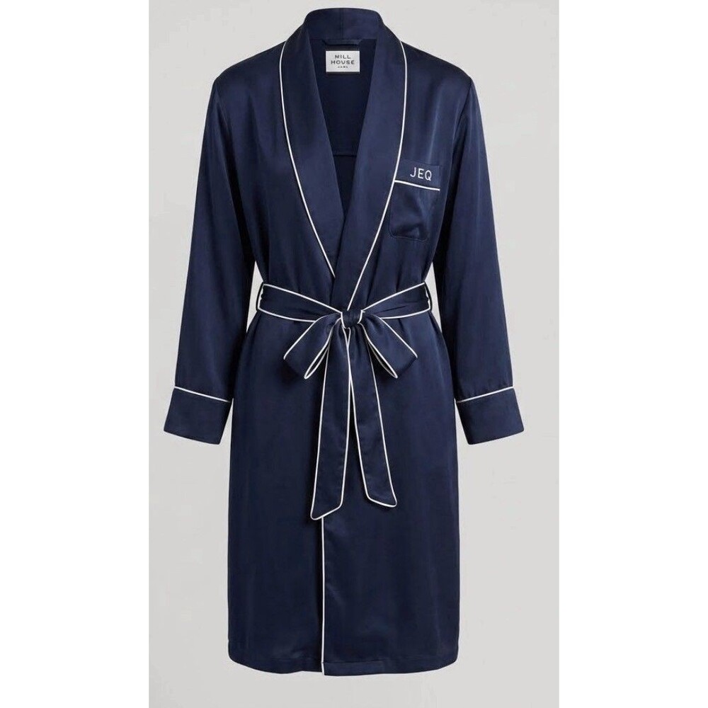 Hill House Home 100% Silk Navy Blue Robe Monogram J E Q Women's S/M